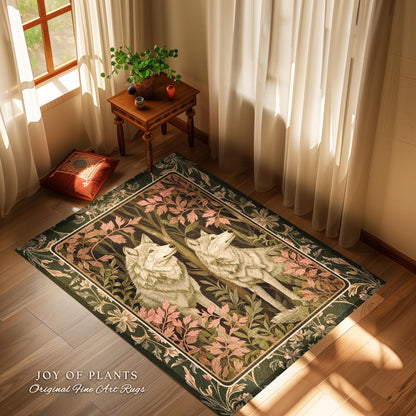 Woodland Wolf Area Rug | Nordic Aesthetic Dark Cottagecore Botanical Fantasy Inspired Rug Nature Themed Bedroom Whimsigothic Forest Wolf