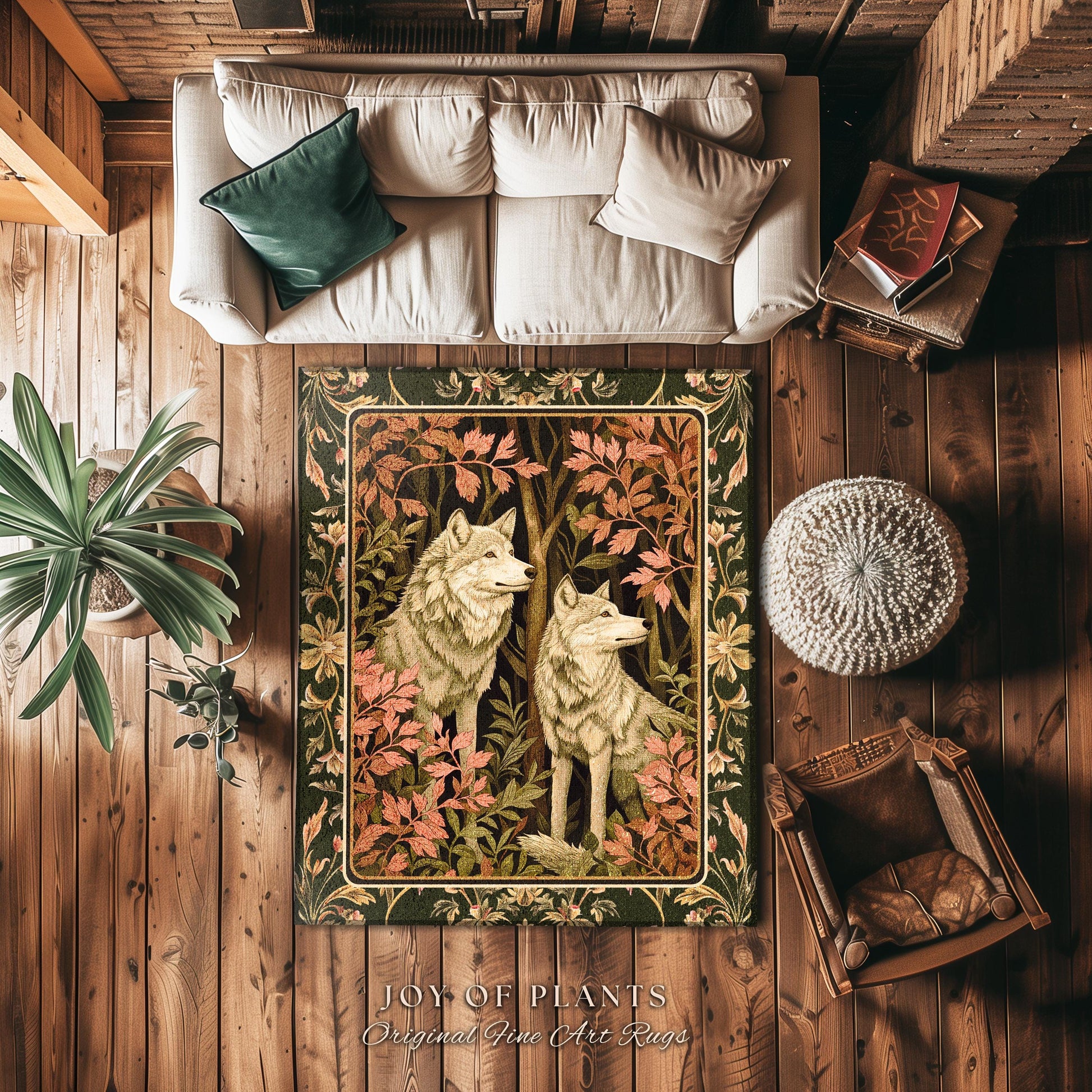 Woodland Wolf Area Rug | Nordic Aesthetic Dark Cottagecore Botanical Fantasy Inspired Rug Nature Themed Bedroom Whimsigothic Forest Wolf