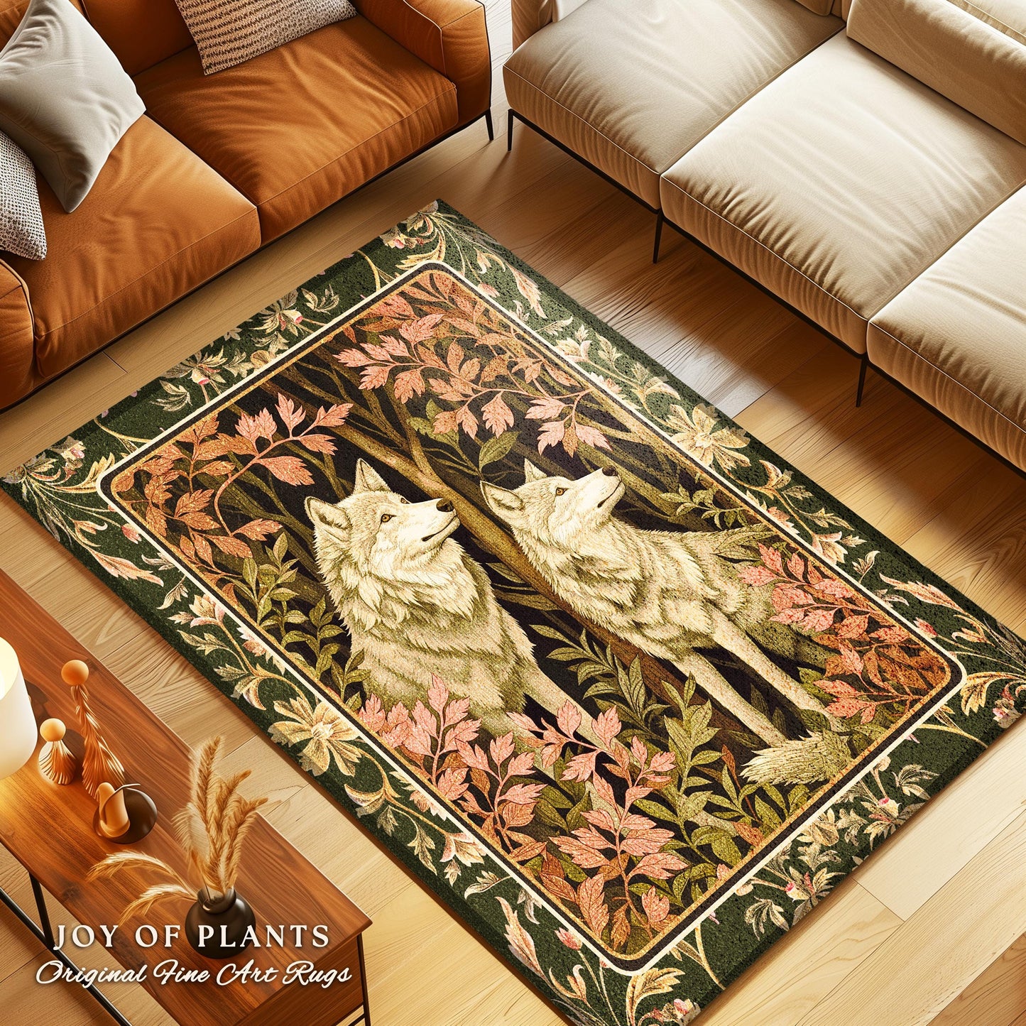 Woodland Wolf Area Rug | Nordic Aesthetic Dark Cottagecore Botanical Fantasy Inspired Rug Nature Themed Bedroom Whimsigothic Forest Wolf