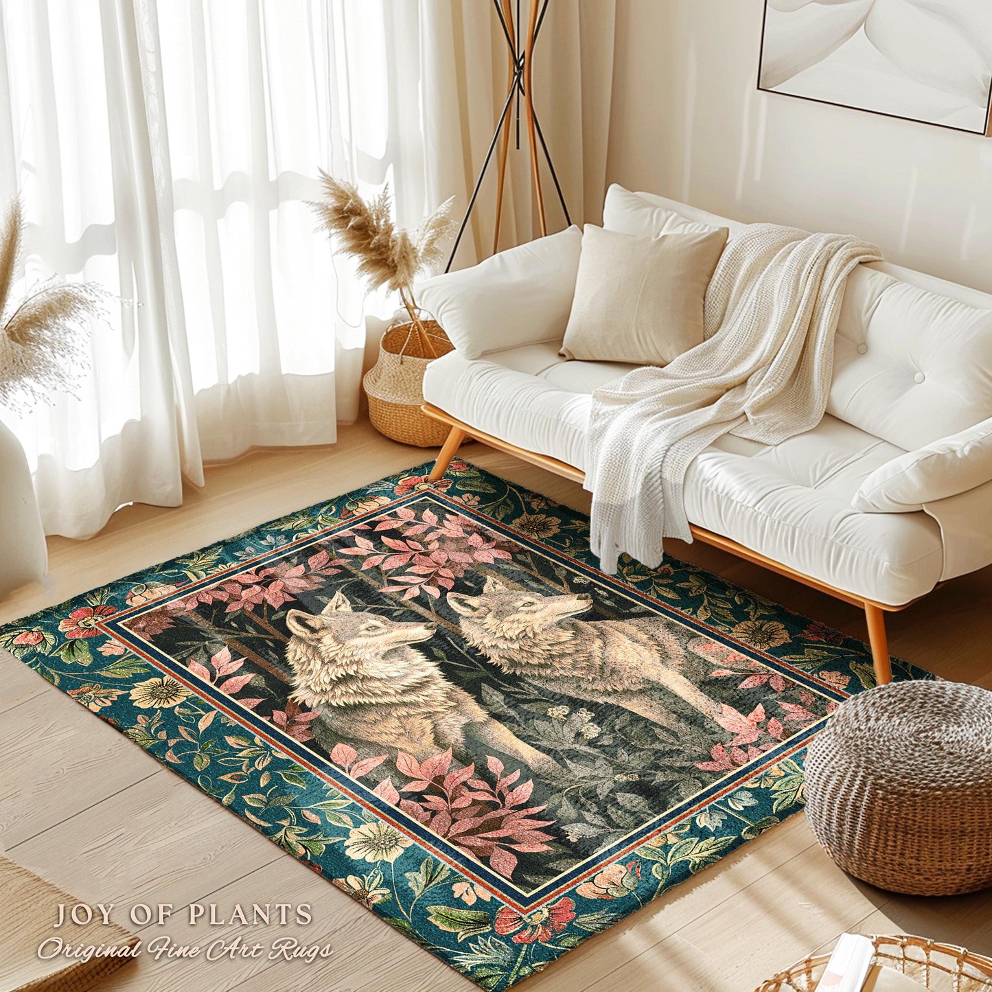 Woodland Fairycore Wolf Area Rug | Dark Forest Eclectic Aesthetic Whimsical Cottagecore Floral Fantasy Inspired Home Accent Rug Nature Theme