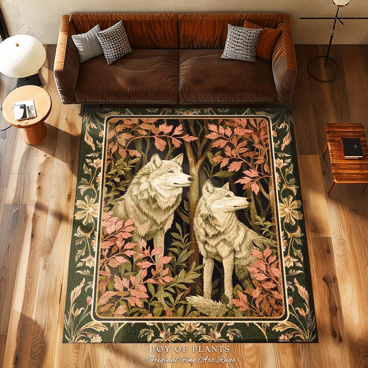 Woodland Wolf Area Rug | Nordic Aesthetic Dark Cottagecore Botanical Fantasy Inspired Rug Nature Themed Bedroom Whimsigothic Forest Wolf