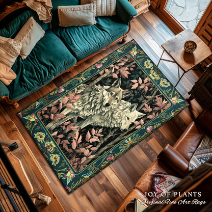 Botanical Forest Spirits Area Rug | Woodland Ethereal Unique Home Accent Wolf Nursery Theme Eclectic Aesthetic Whimsical Cottagecore Decor |