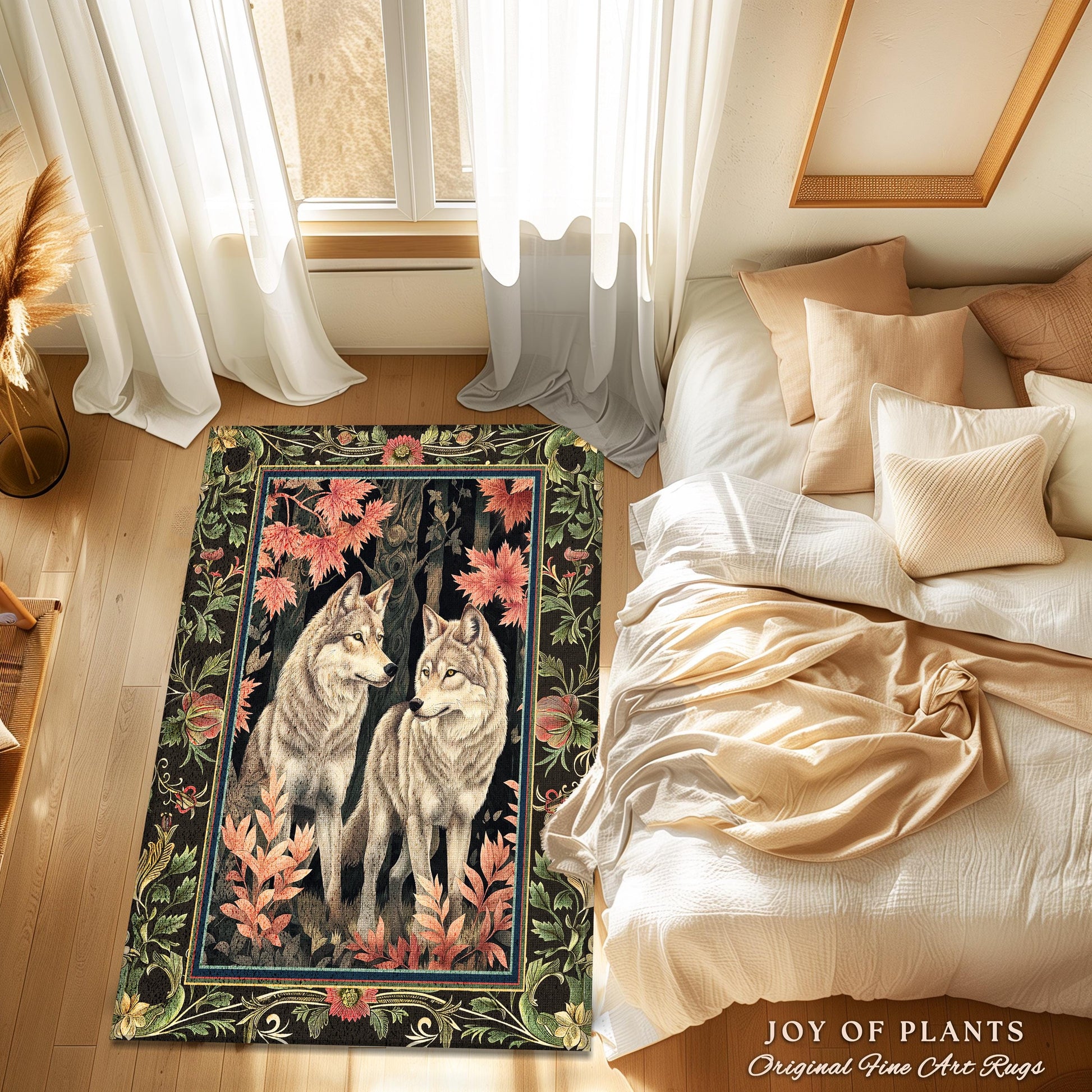 Woodsy Aesthetic Wolf Area Rug | Mystic Aesthetic Dark Cottagecore Botanical Fantasy Inspired Home Accent Rug Nature Themed Woodland Bedroom