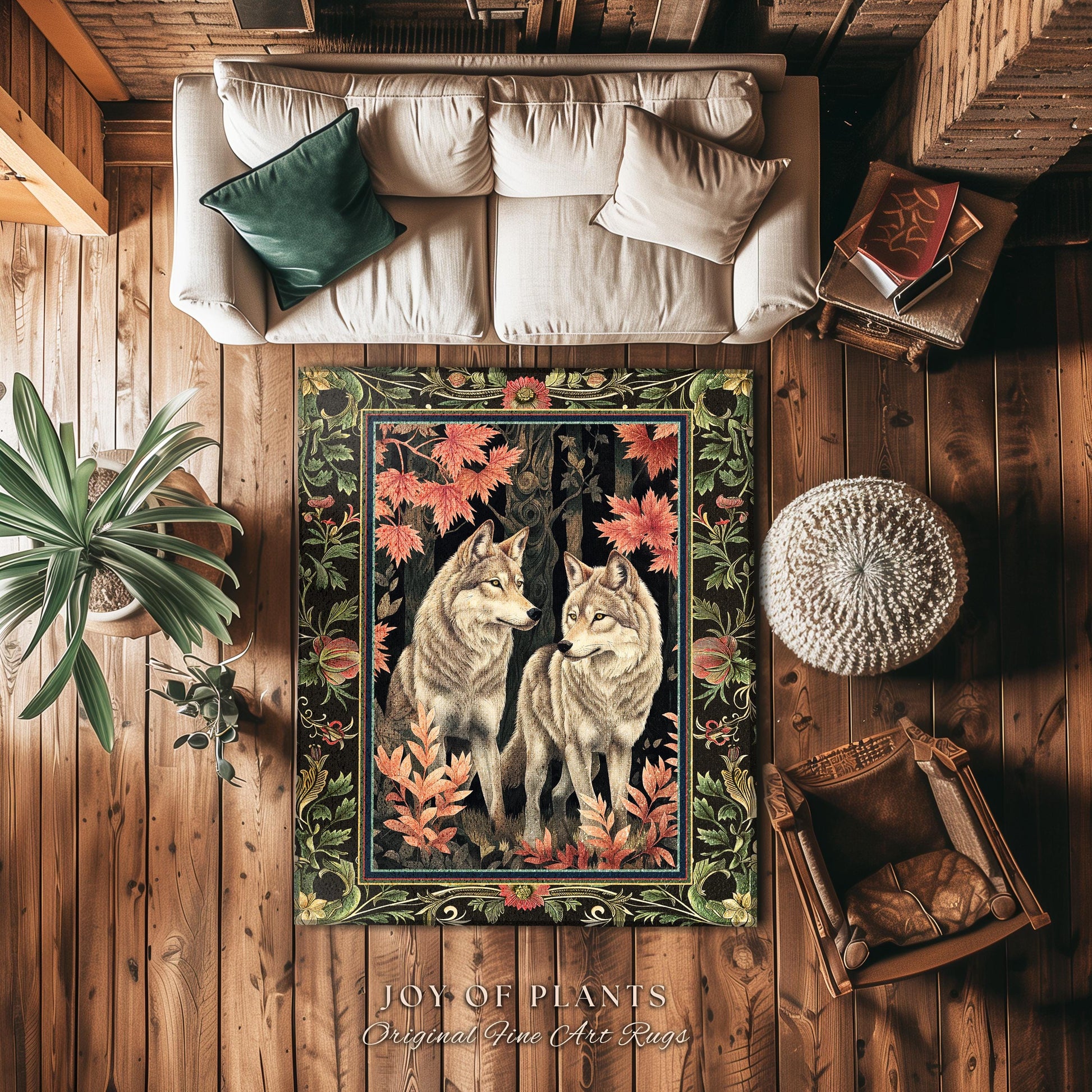 Woodsy Aesthetic Wolf Area Rug | Mystic Aesthetic Dark Cottagecore Botanical Fantasy Inspired Home Accent Rug Nature Themed Woodland Bedroom