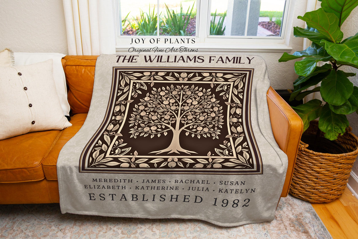 Traditional Heritage Family Tree Blanket with Custom Names Sentimental Ancestry Decor | Morris Inspired Rustic Cottagecore Tapestry Throw