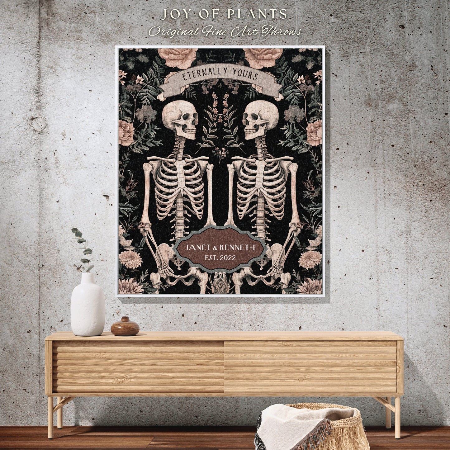 Eternally Yours Skeleton Lover Picnic Blanket | Thoughtful Anniversary Wedding Tapestry Botanical Couple Gift Personalized His & Hers Custom