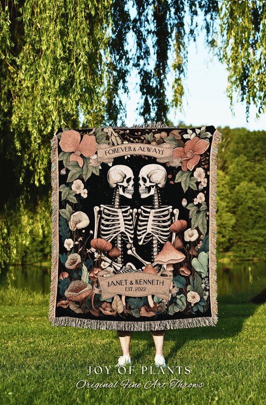 Gothic Botanical Skeleton Couple Picnic Blanket | Meaningful Anniversary Blanket Skeleton Lover Custom Gift for Girlfriend Personalized |