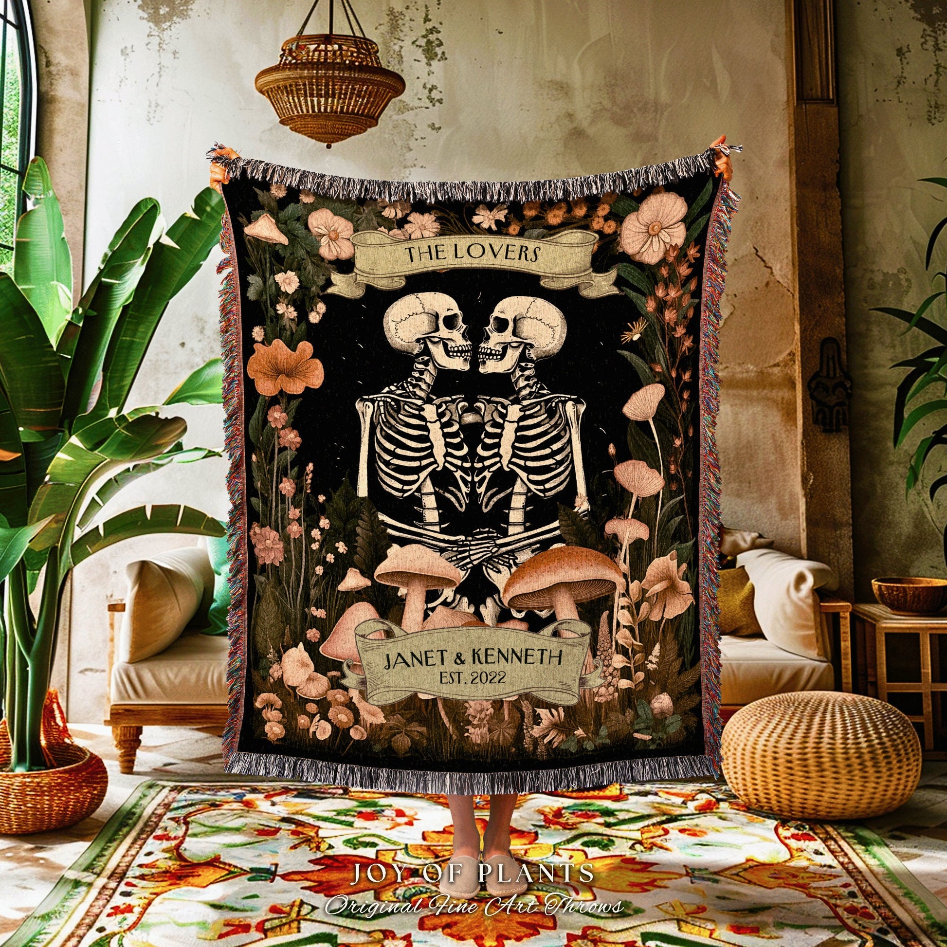 Floral Skeleton Couple Custom Romantic Gift | Meaningful Anniversary Blanket Skeleton Lover Custom Gift for Girlfriend Personalized Tapestry