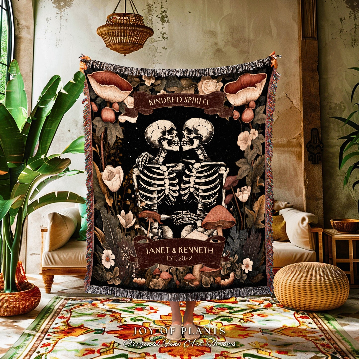 Ethereal Skeleton Lovers Throw Blanket | Personalized Anniversary Blanket Skeleton Lover Tarot Gift for Boyfriend Custom Couple Names Cute |