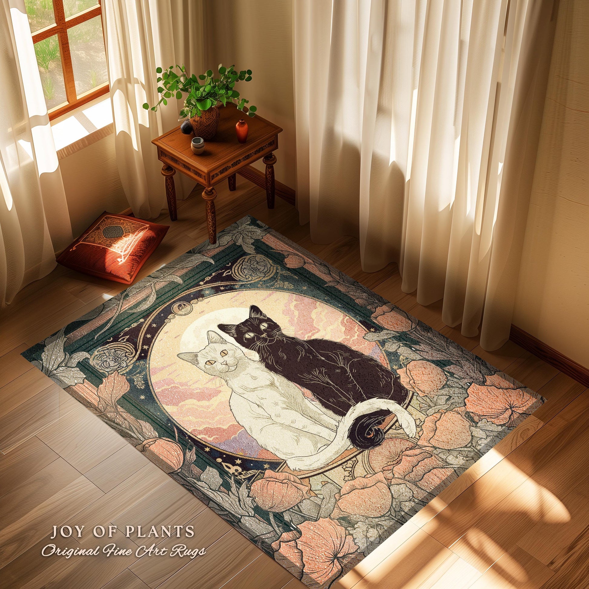 Whimsical Boho Cat Area Rug Mystical Cat Lovers Rug Perfect Cat Lover Gift Enchanting Animal Home Decor Soft Cottagecore Fall Floral Decor