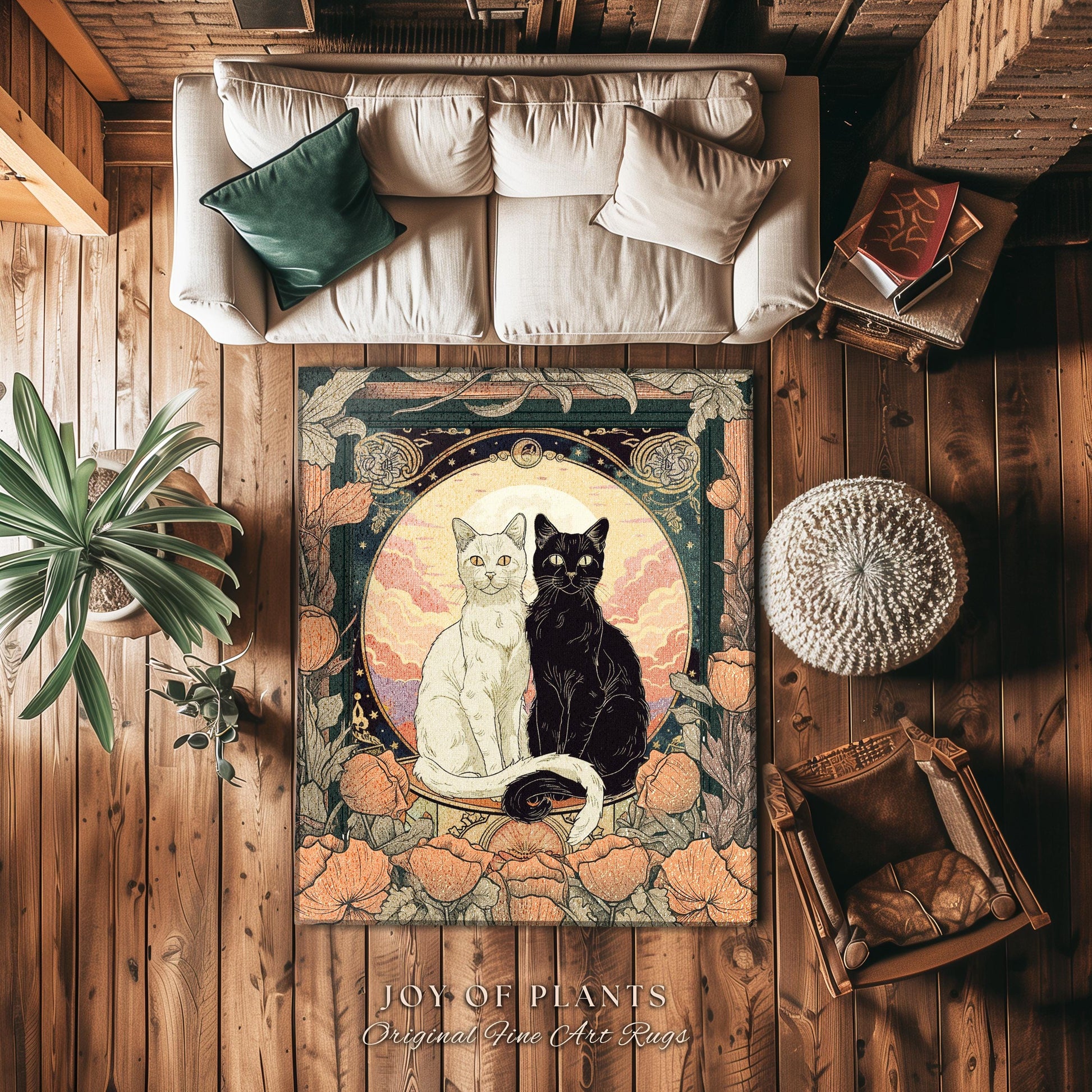 Whimsical Boho Cat Area Rug Mystical Cat Lovers Rug Perfect Cat Lover Gift Enchanting Animal Home Decor Soft Cottagecore Fall Floral Decor