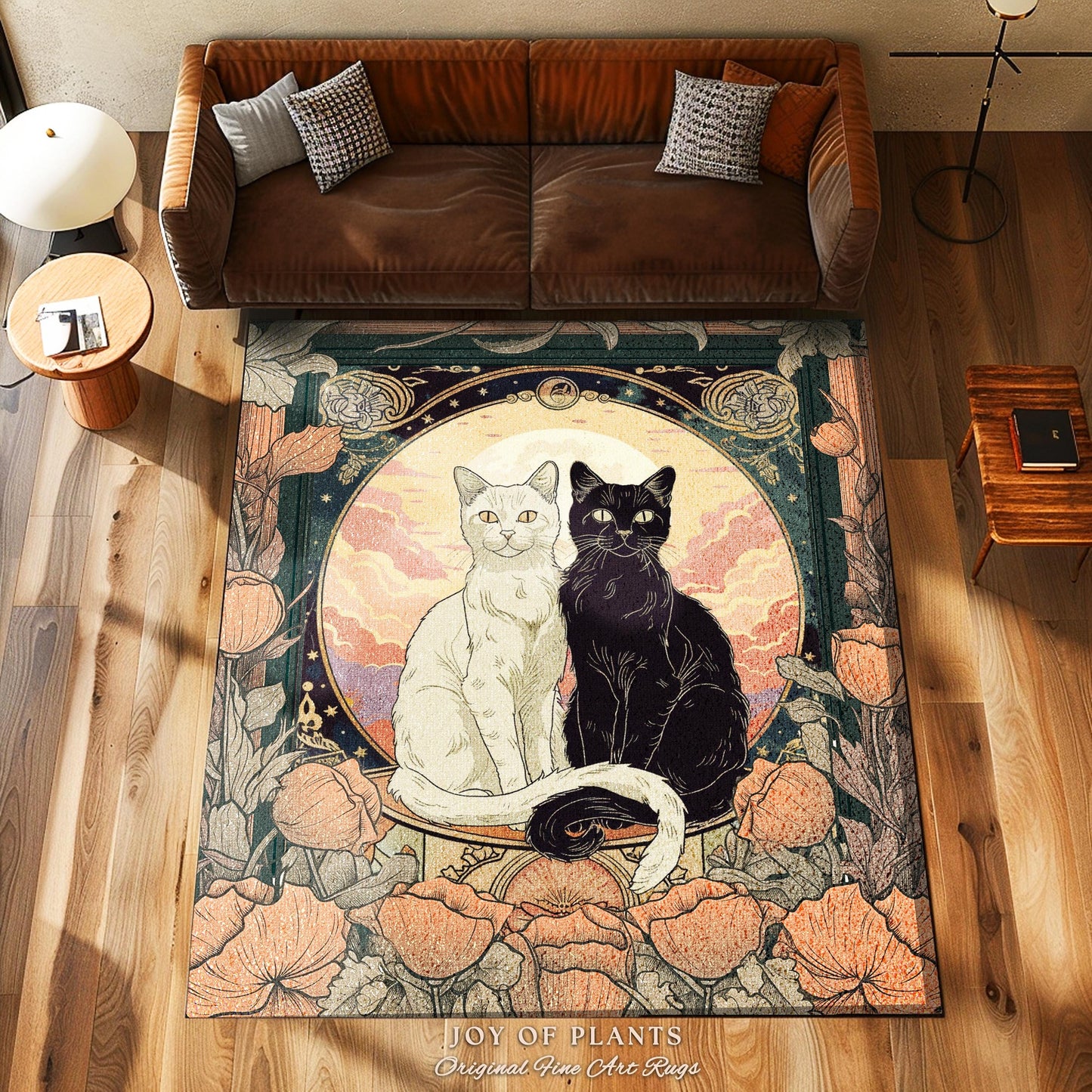 Whimsical Boho Cat Area Rug Mystical Cat Lovers Rug Perfect Cat Lover Gift Enchanting Animal Home Decor Soft Cottagecore Fall Floral Decor