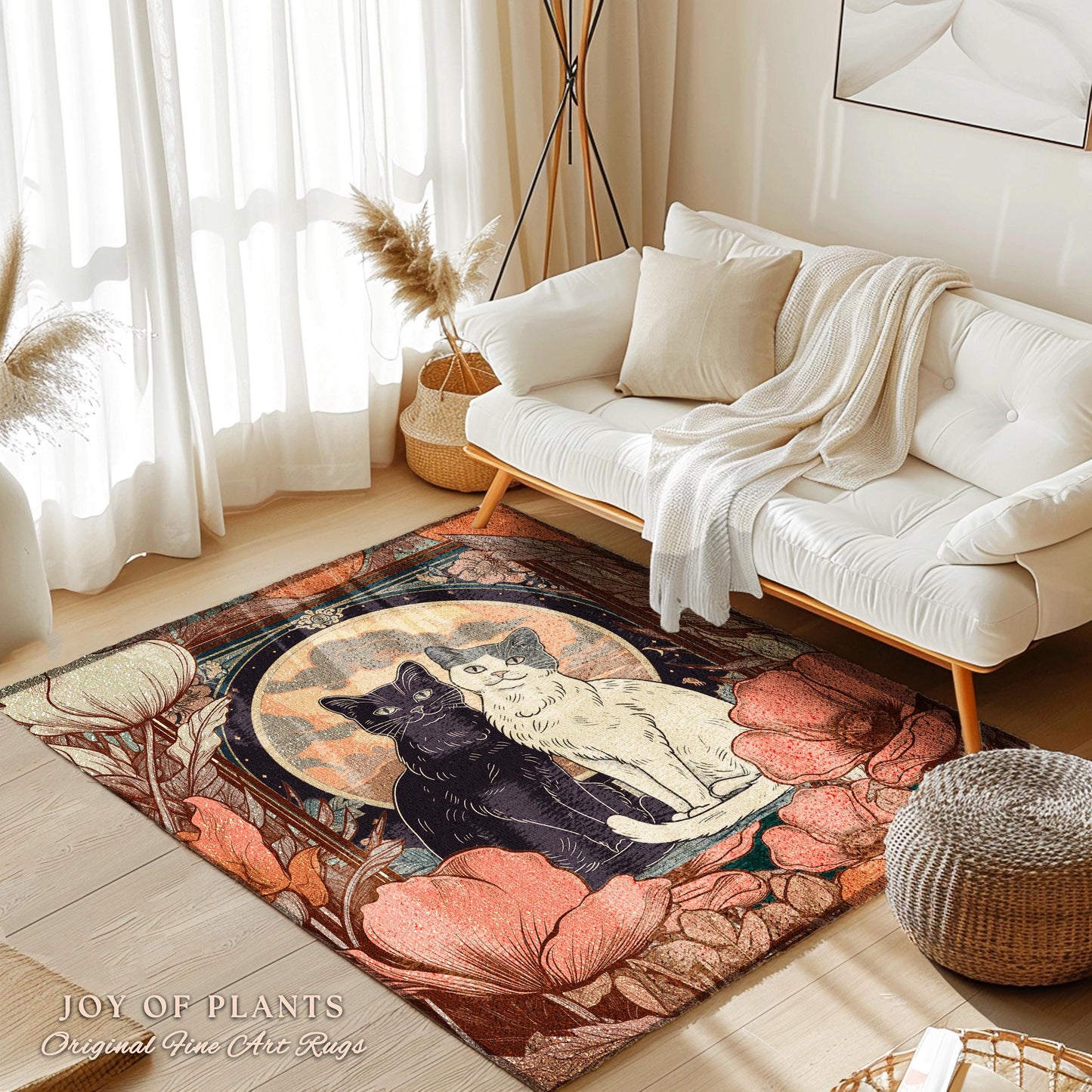 Floral Cat Lovers Art Nouveau Rug Artistic Home Gift Retro Cat Rug for Bedroom Cat Cute Decor Housewarming Cat Art Gift for Animal Lovers