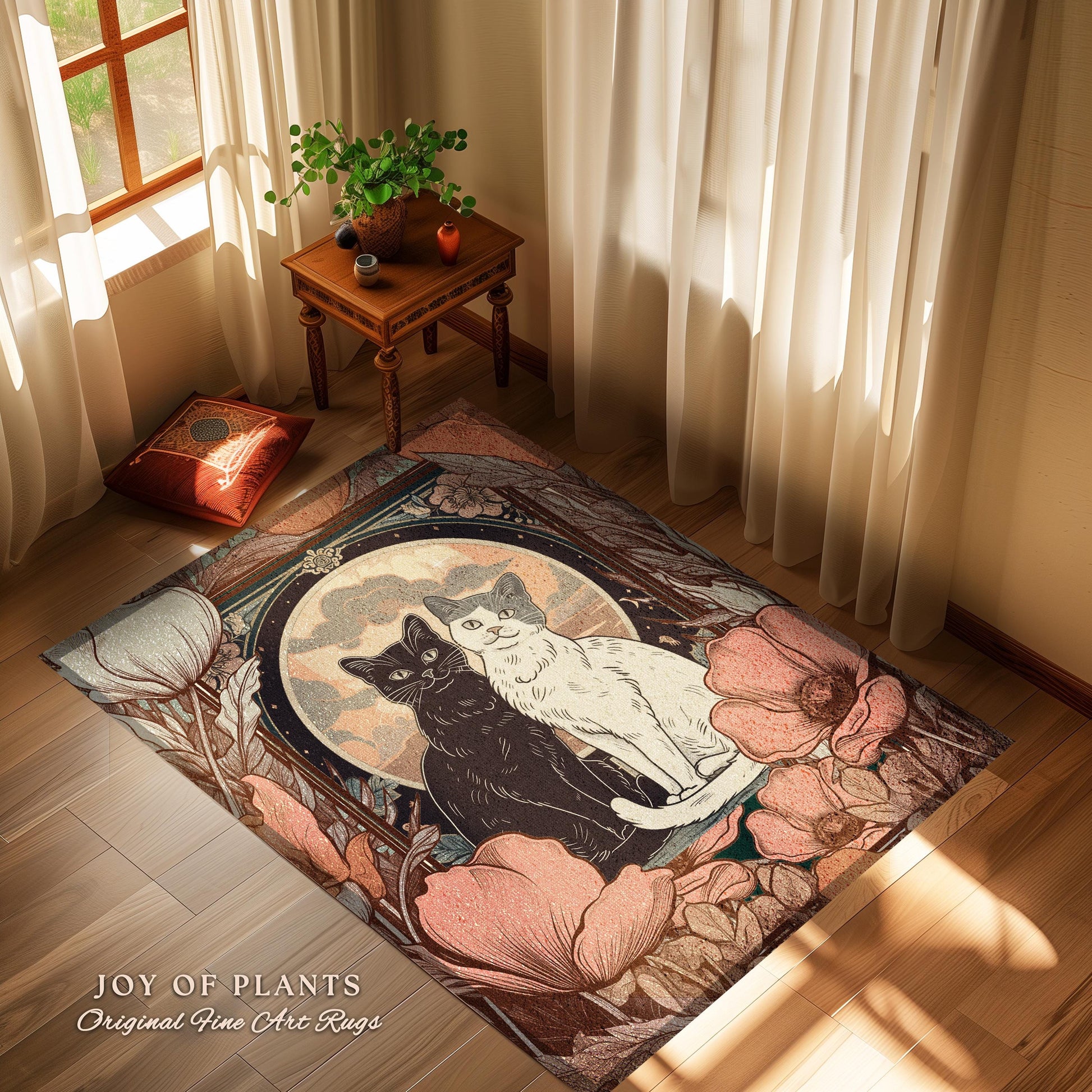 Floral Cat Lovers Art Nouveau Rug Artistic Home Gift Retro Cat Rug for Bedroom Cat Cute Decor Housewarming Cat Art Gift for Animal Lovers