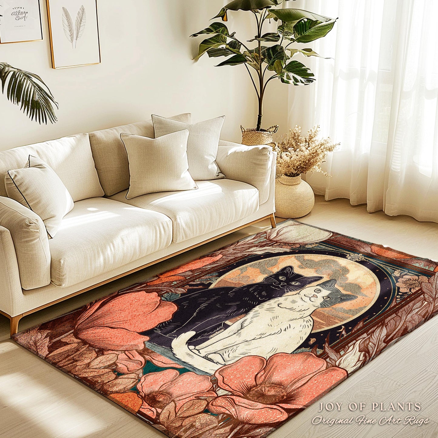 Floral Cat Lovers Art Nouveau Rug Artistic Home Gift Retro Cat Rug for Bedroom Cat Cute Decor Housewarming Cat Art Gift for Animal Lovers