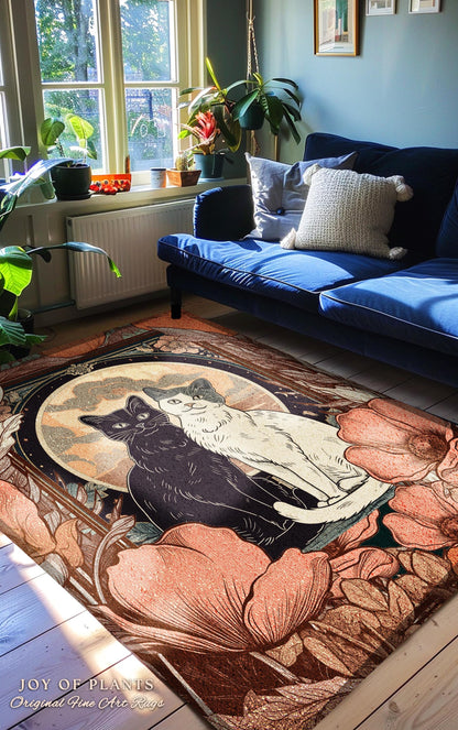 Floral Cat Lovers Art Nouveau Rug Artistic Home Gift Retro Cat Rug for Bedroom Cat Cute Decor Housewarming Cat Art Gift for Animal Lovers