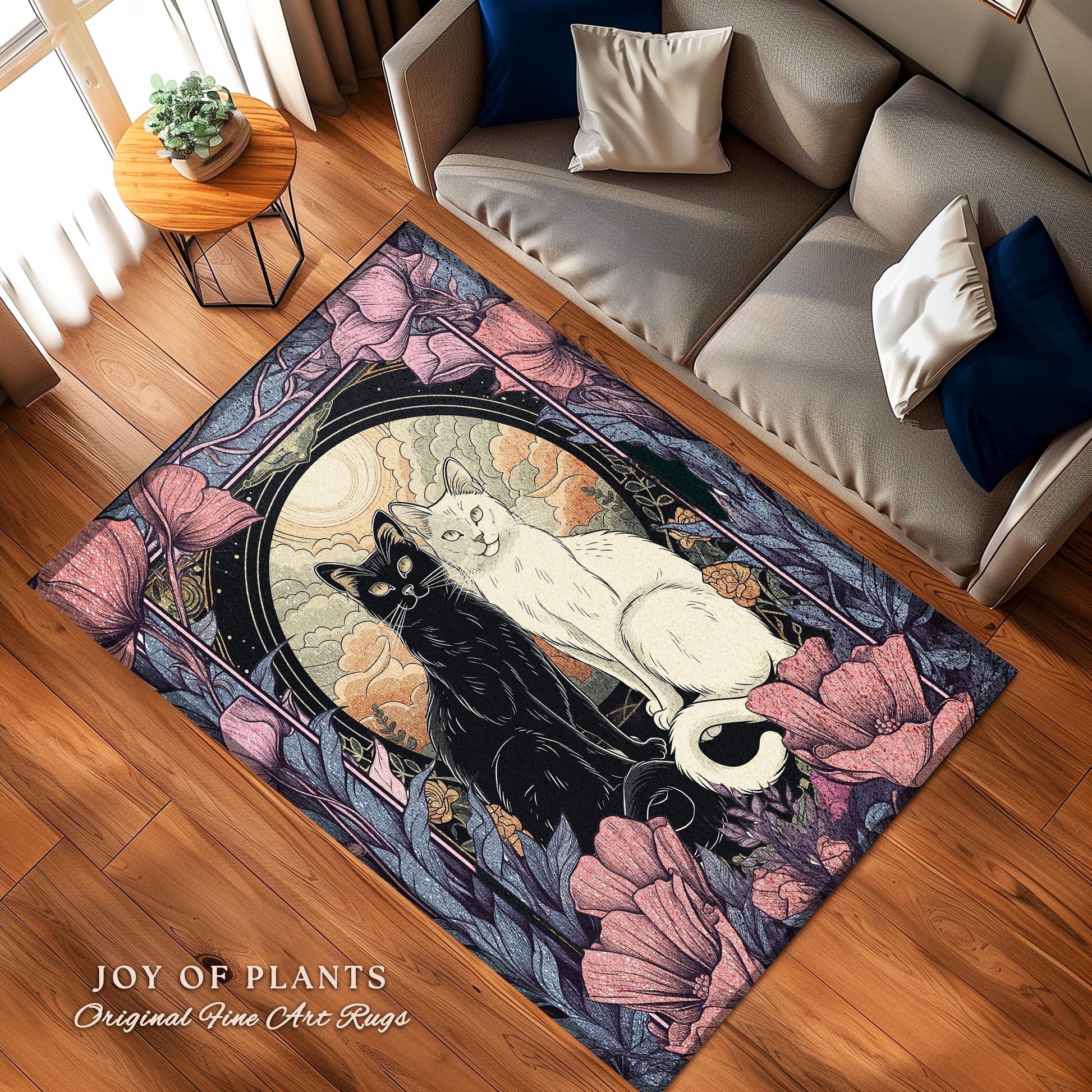 Mystical Cat Lover Rug Whimsigoth Decor Boho Purple Floral Rug Cat Art Decor Gift for Cat Lovers Book Nook Decor Dark Cottagecore Gift Rug