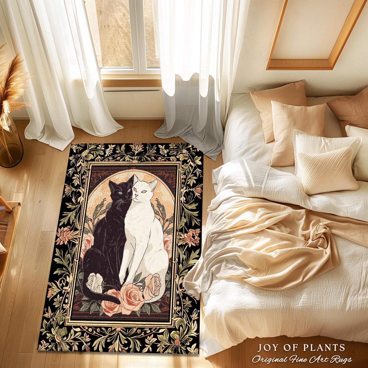 Art Nouveau Cat Lovers Rug Floral Accent Elegant Home Decor Artistic Cat Lover Gift Whimsical Light Academia Decor Coquette Cat Art Area Rug