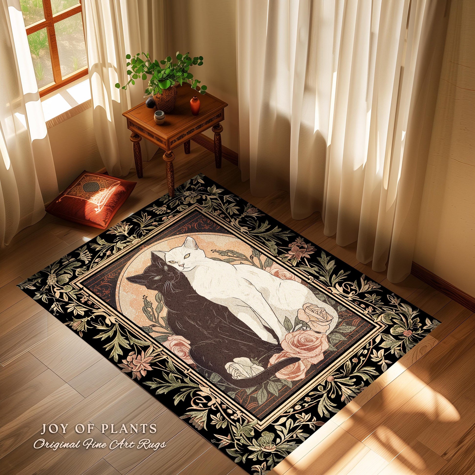 Art Nouveau Cat Lovers Rug Floral Accent Elegant Home Decor Artistic Cat Lover Gift Whimsical Light Academia Decor Coquette Cat Art Area Rug