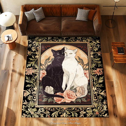 Art Nouveau Cat Lovers Rug Floral Accent Elegant Home Decor Artistic Cat Lover Gift Whimsical Light Academia Decor Coquette Cat Art Area Rug