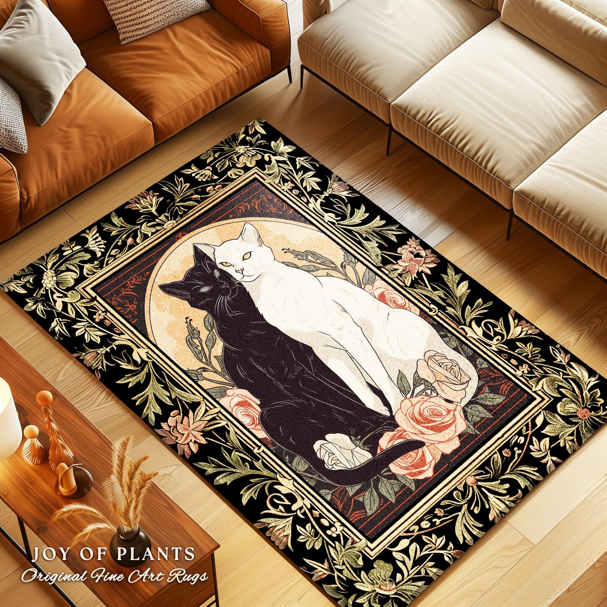 Art Nouveau Cat Lovers Rug Floral Accent Elegant Home Decor Artistic Cat Lover Gift Whimsical Light Academia Decor Coquette Cat Art Area Rug