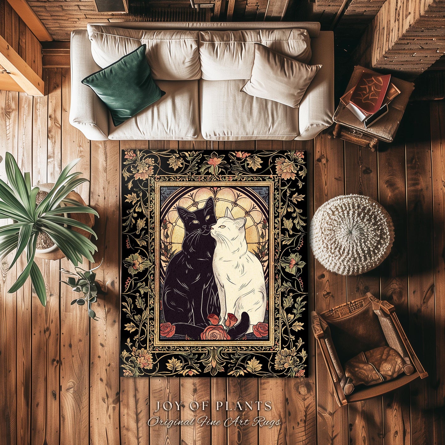 Vintage Aesthetic Cat Rug Dark Cottagecore Floral Decor Artistic Cat Lover Gift Whimsical Home Decor Dark Academia Decor Unique Cat Gift