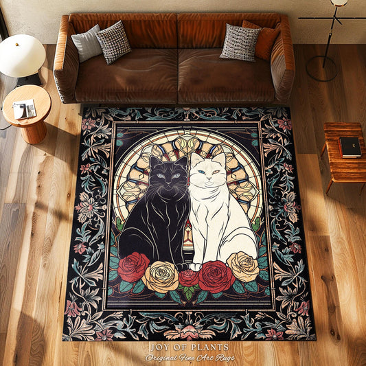 Dark Cottagecore Cat Rug Black White Cat Art Cozy Whimsigoth Home Decor Cat Lover Gifts Dark Academia Floral Aesthetic Rug for Cat Lovers