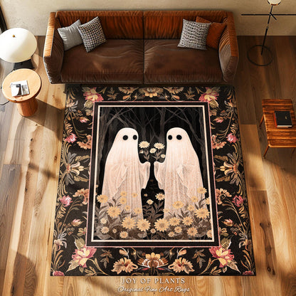 Spooky Floral Ghost Rug Dark Academia Art Decor | Boho Mystical Enchanted Forest Ghost Friends Gift Whimsigothic Rug Dark Cottagecore Decor