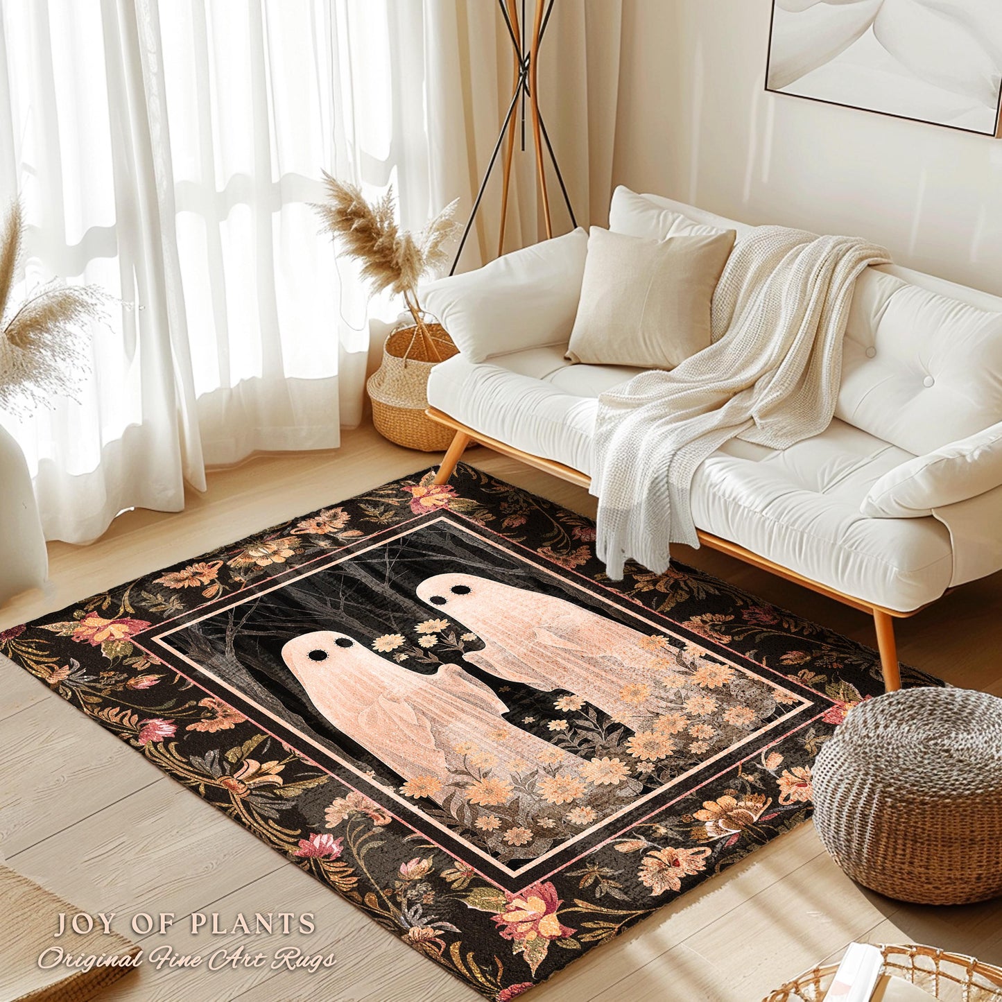 Spooky Floral Ghost Rug Dark Academia Art Decor | Boho Mystical Enchanted Forest Ghost Friends Gift Whimsigothic Rug Dark Cottagecore Decor