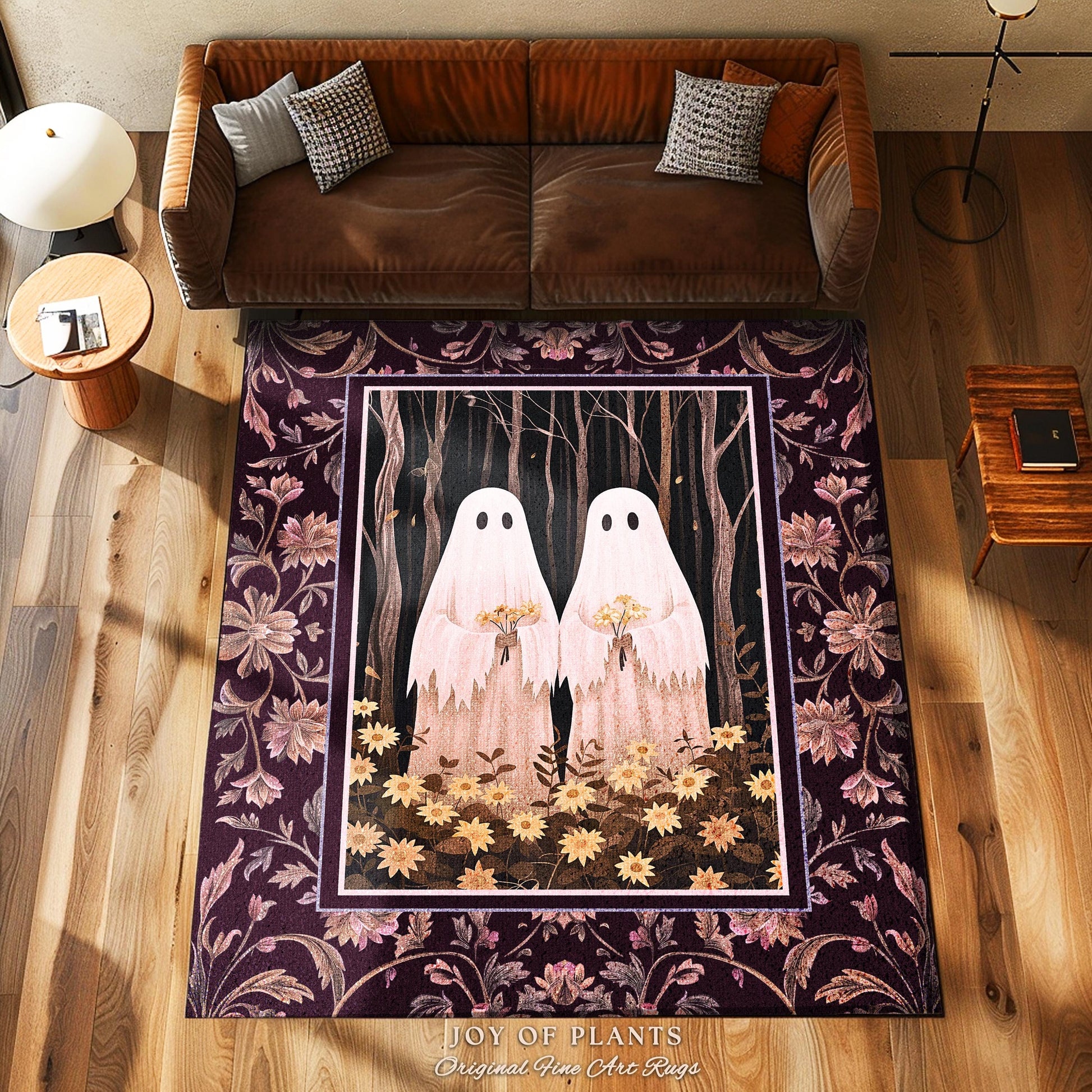 Whimsigoth Floral Ghost Rug Fairycore Enchanted Forest Decor | Spooky Woodland Gothic Dark Academia Aesthetic Ghost Rug Whimsical Decor