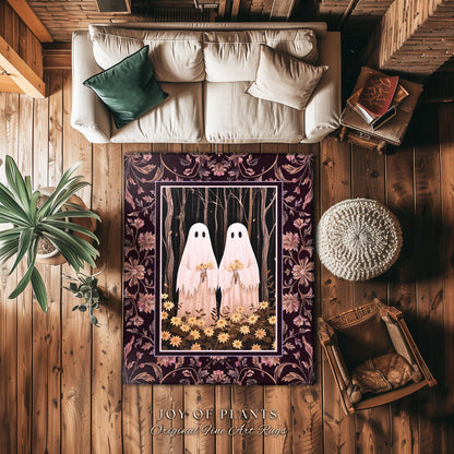 Whimsigoth Floral Ghost Rug Fairycore Enchanted Forest Decor | Spooky Woodland Gothic Dark Academia Aesthetic Ghost Rug Whimsical Decor