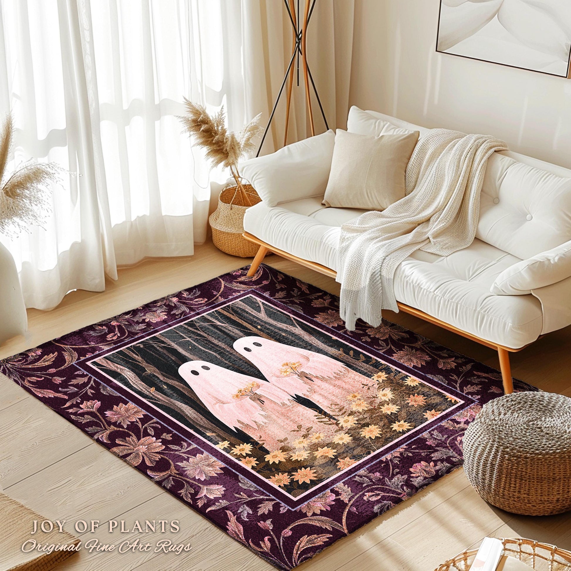 Whimsigoth Floral Ghost Rug Fairycore Enchanted Forest Decor | Spooky Woodland Gothic Dark Academia Aesthetic Ghost Rug Whimsical Decor