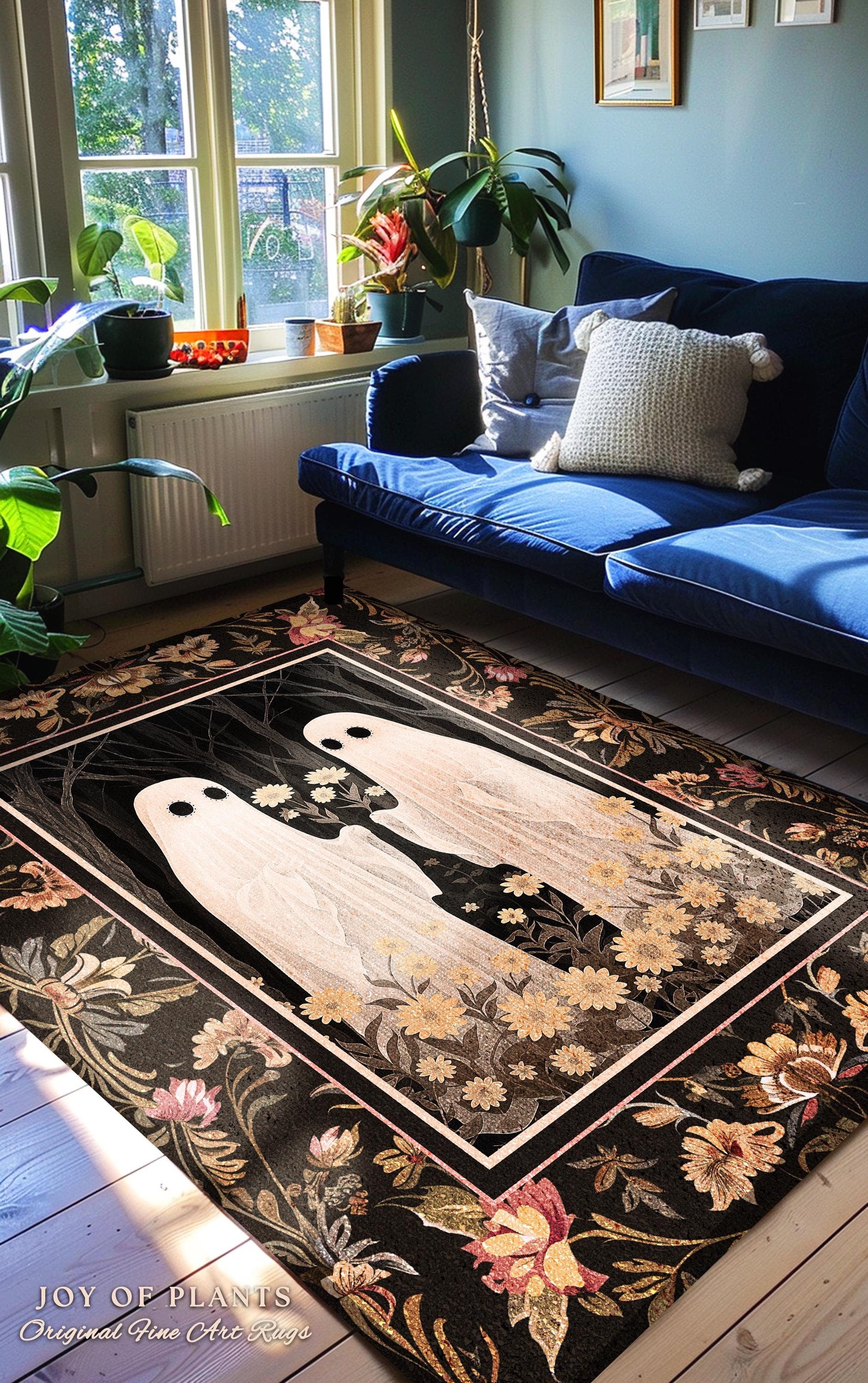 Spooky Floral Ghost Rug Dark Academia Art Decor | Boho Mystical Enchanted Forest Ghost Friends Gift Whimsigothic Rug Dark Cottagecore Decor