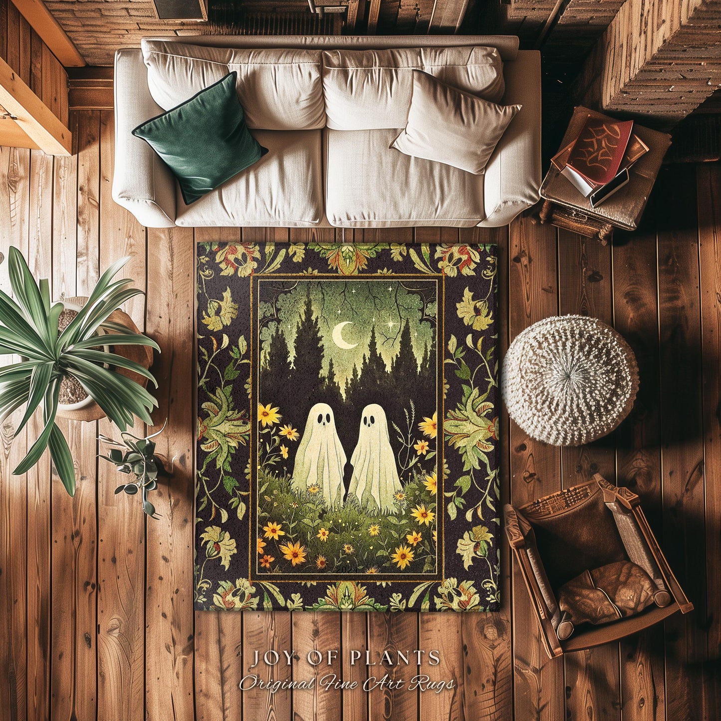 Woodland Ghost Couple Rug Spooky Dark Forest Whimsical Floral Decor | Mystic Moonlit Meadow Rug Cute Ghost Decor Retro Cottagecore Goth Rug