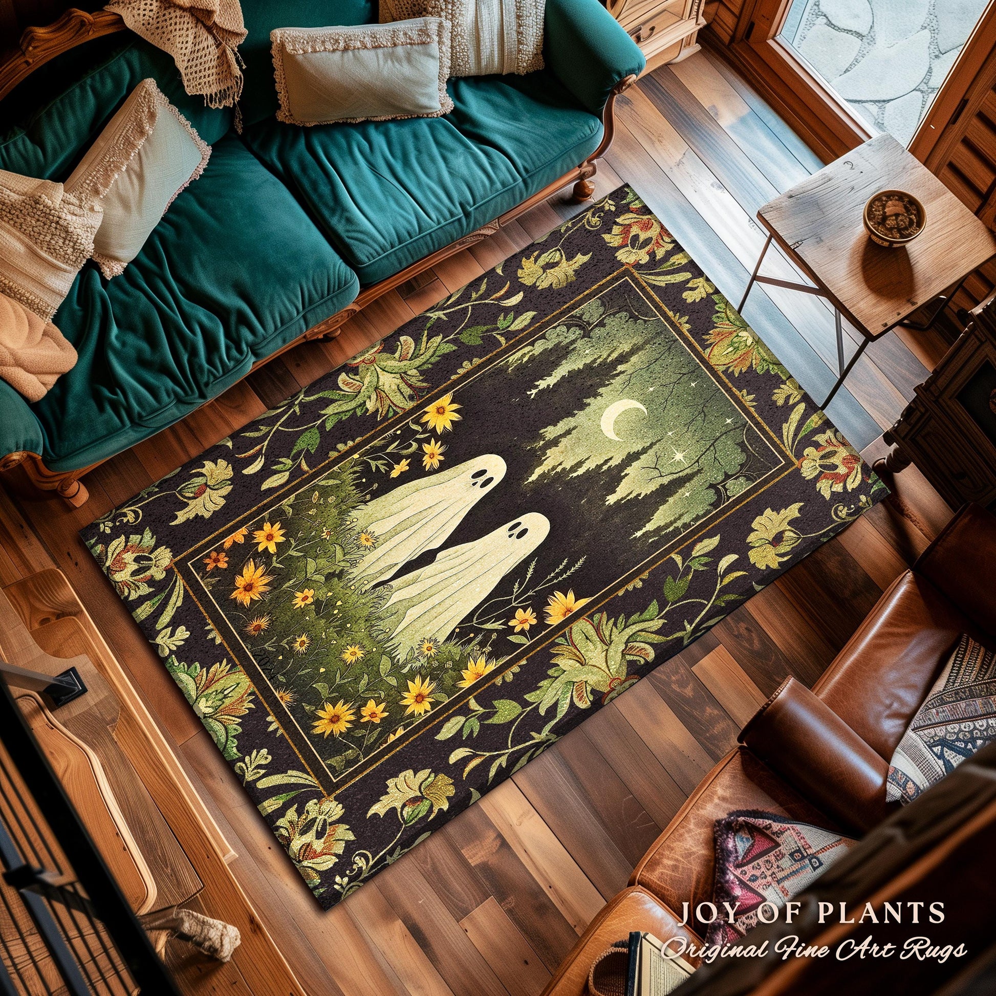 Woodland Ghost Couple Rug Spooky Dark Forest Whimsical Floral Decor | Mystic Moonlit Meadow Rug Cute Ghost Decor Retro Cottagecore Goth Rug