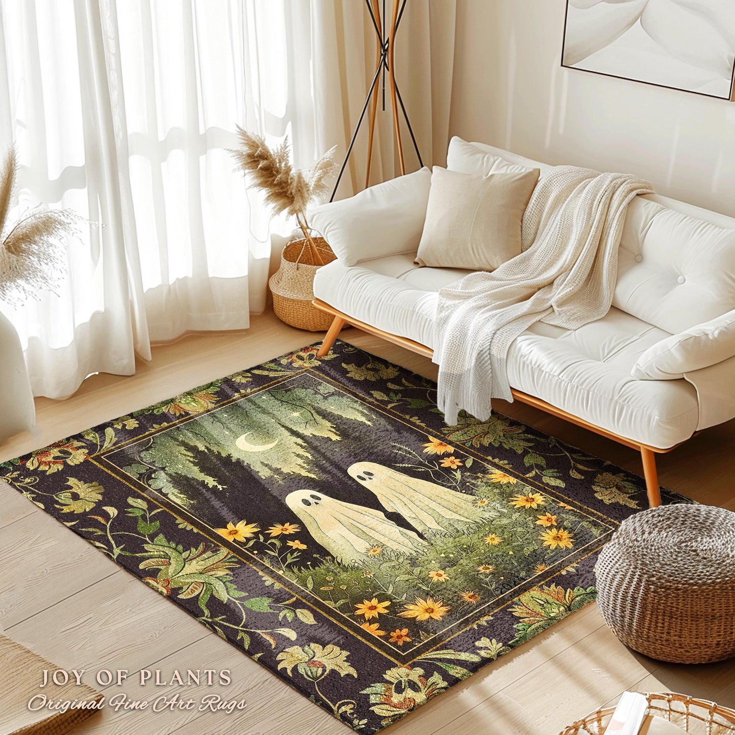 Woodland Ghost Couple Rug Spooky Dark Forest Whimsical Floral Decor | Mystic Moonlit Meadow Rug Cute Ghost Decor Retro Cottagecore Goth Rug