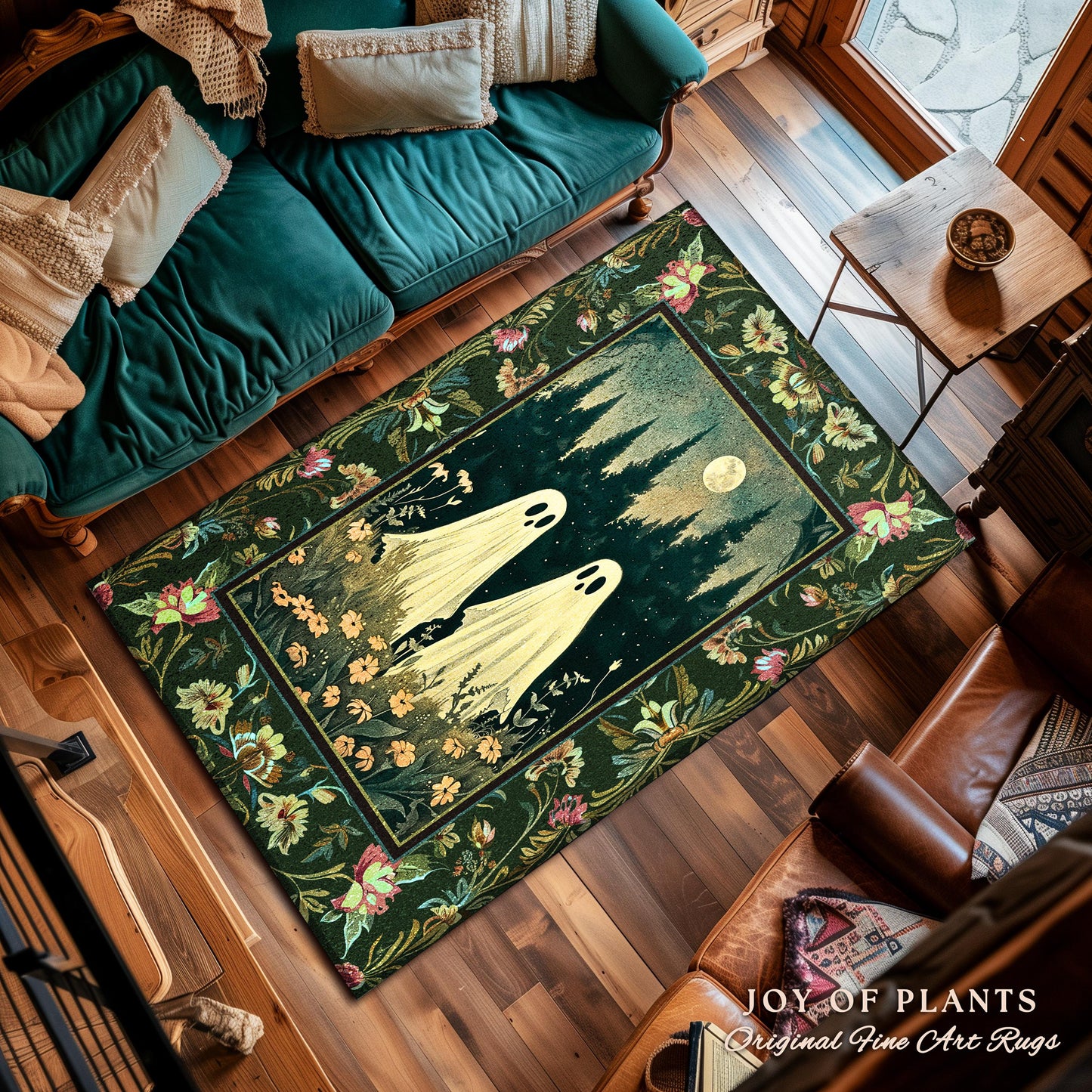 Celestial Ghost Lovers Decor Dark Woodland Moon Celestial Magic Meadows Rug | Cottagegoth Spooky Spirits Whimsical Enchanted Fairycore Decor