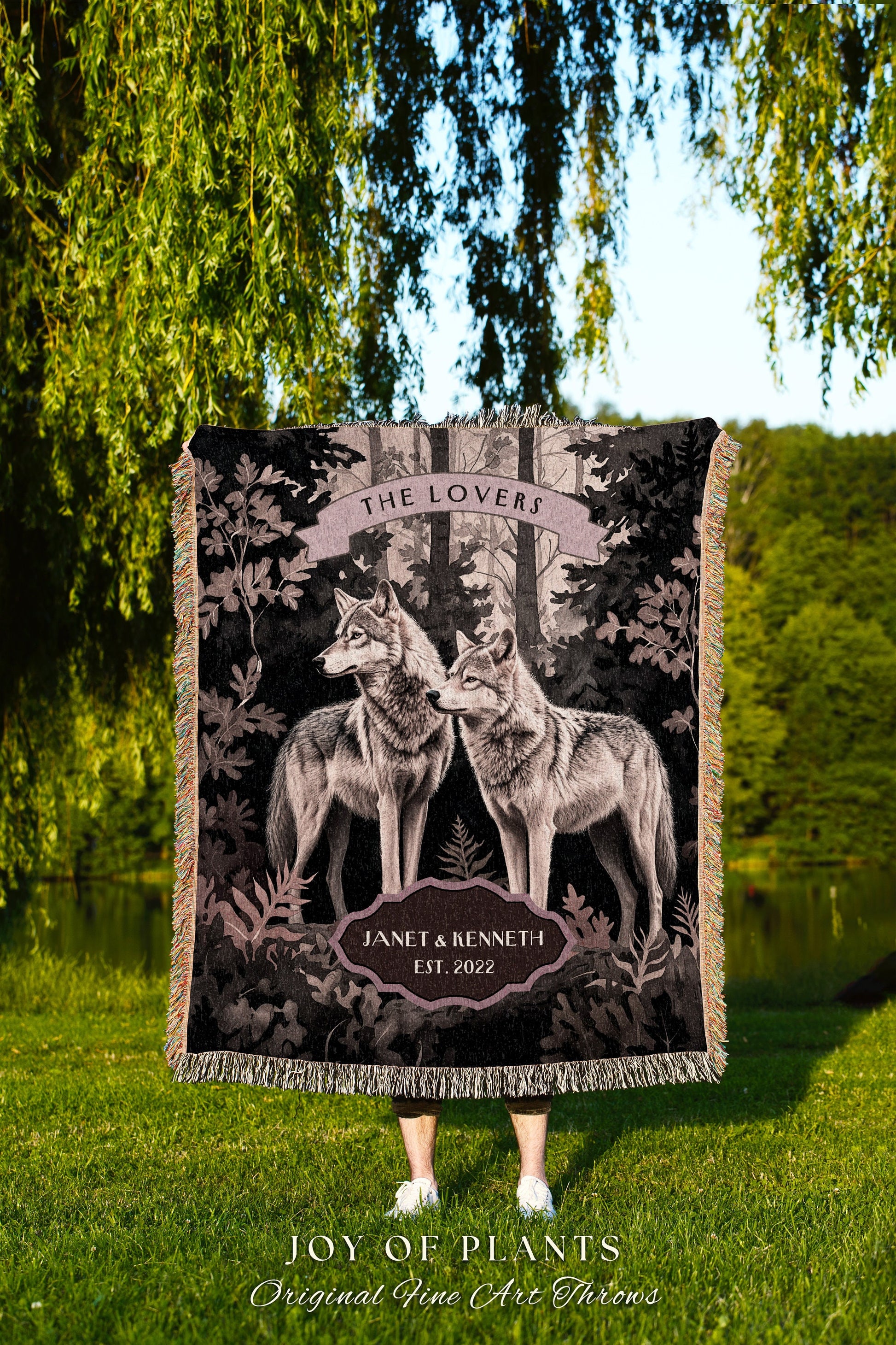 Mythic Wolf Couple PersonalizedTapestry Blanket | Folklore Wedding Anniversary Mr & Mrs Personalized Unique Cute Couple Gift for Newlyweds |