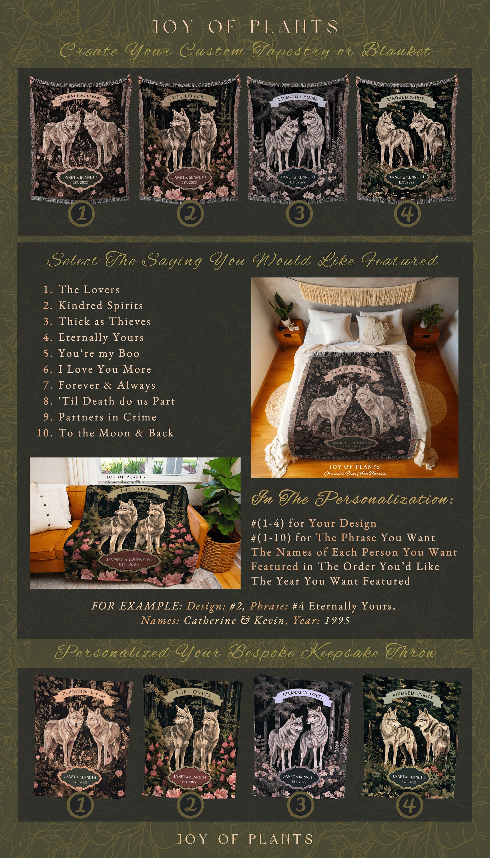 Forestcore Wolf Lovers Personalized Throw | Romantic Couple Gift Ideas Custom Woven Blanket Ethereal Woodland Wedding Unique Couple Tapestry