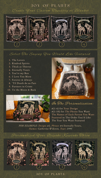 Forestcore Wolf Lovers Personalized Throw | Romantic Couple Gift Ideas Custom Woven Blanket Ethereal Woodland Wedding Unique Couple Tapestry