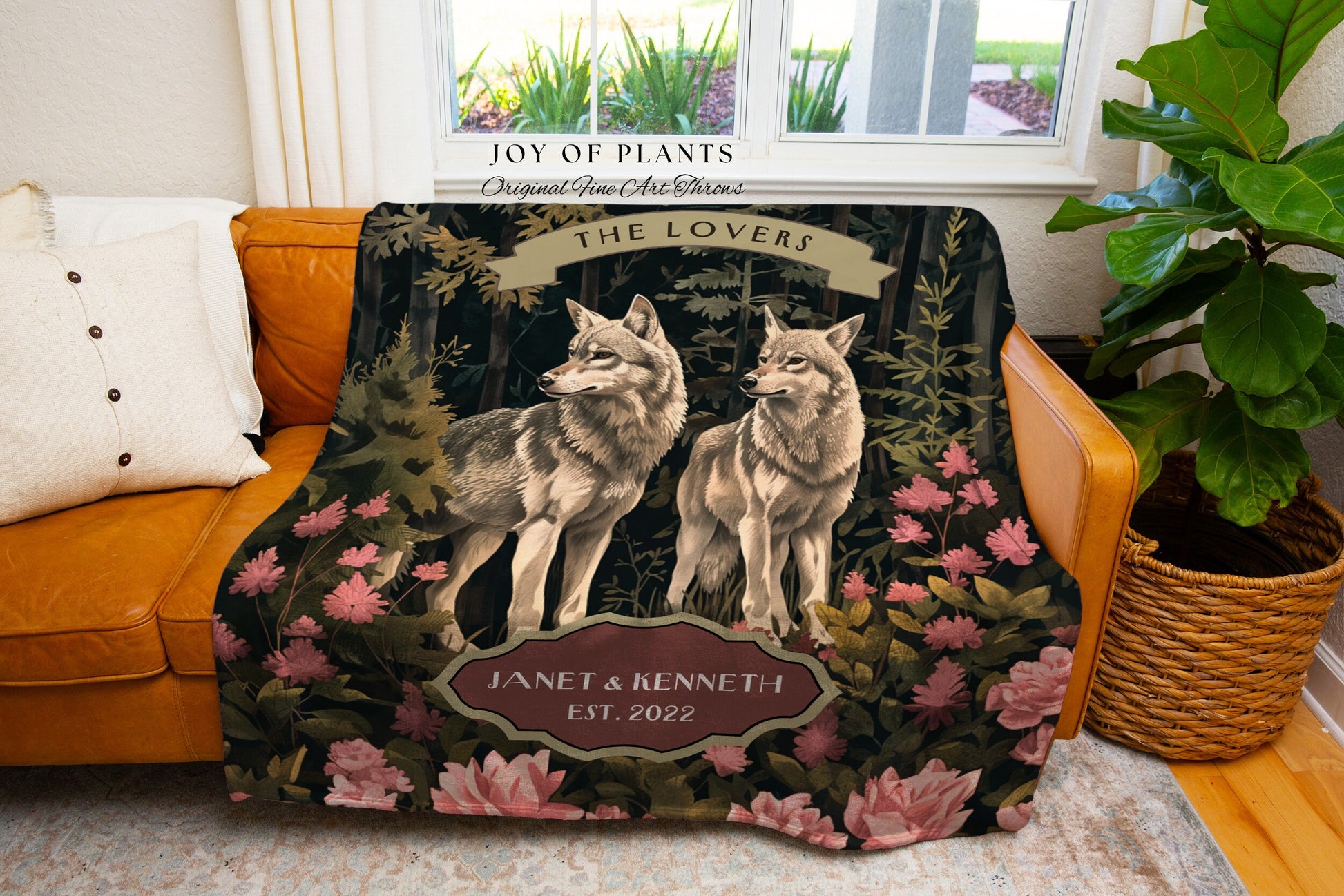 His & Hers Wolf Couple Woodland Blanket | Cottagecore Wedding Anniversary Gift Mr and Mrs Tapestry Unique Couple Gift for Boyfriend Woven |