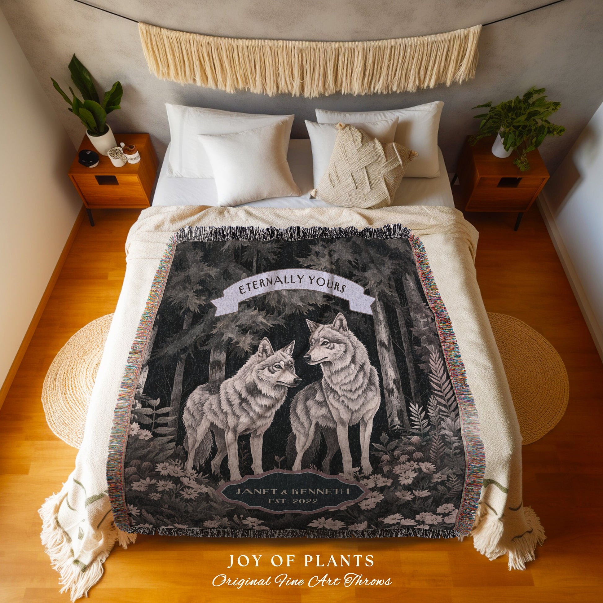 Woodland Wolf Couple Throw Blanket | Gothic Wolf Aesthetic Personalized Woven Tapestry Wedding Unique Gift Idea for Girlfriend Thoughtful |