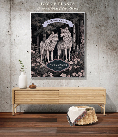 Woodland Wolf Couple Throw Blanket | Gothic Wolf Aesthetic Personalized Woven Tapestry Wedding Unique Gift Idea for Girlfriend Thoughtful |