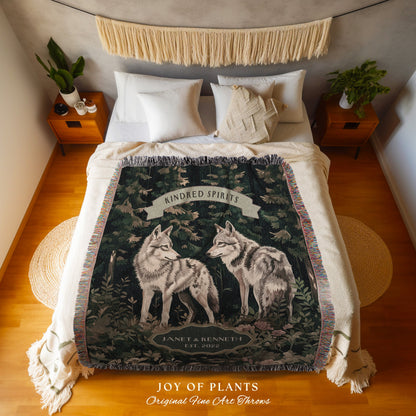 Forestcore Wolf Lovers Personalized Throw | Romantic Couple Gift Ideas Custom Woven Blanket Ethereal Woodland Wedding Unique Couple Tapestry