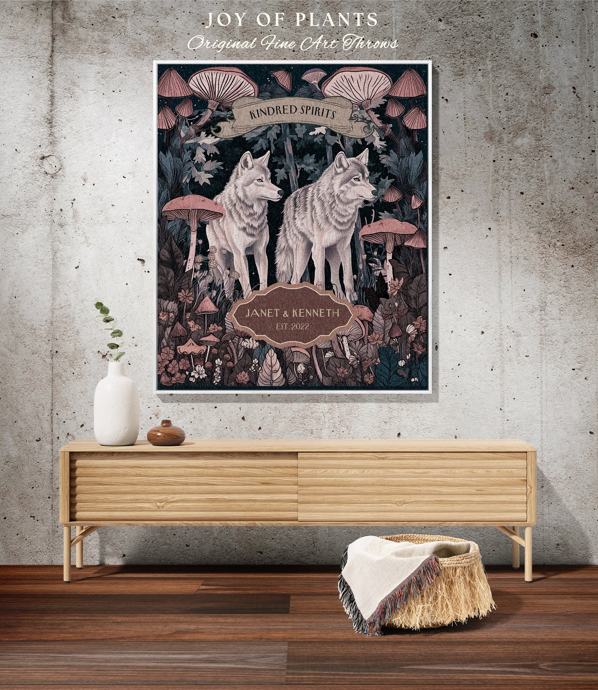 Mushroom Forest Wolf Couple Tapestry Blanket | Cottagecore Wedding Anniversary Mr & Mrs Personalized Unique Cute Couple Gift for Boyfriend |