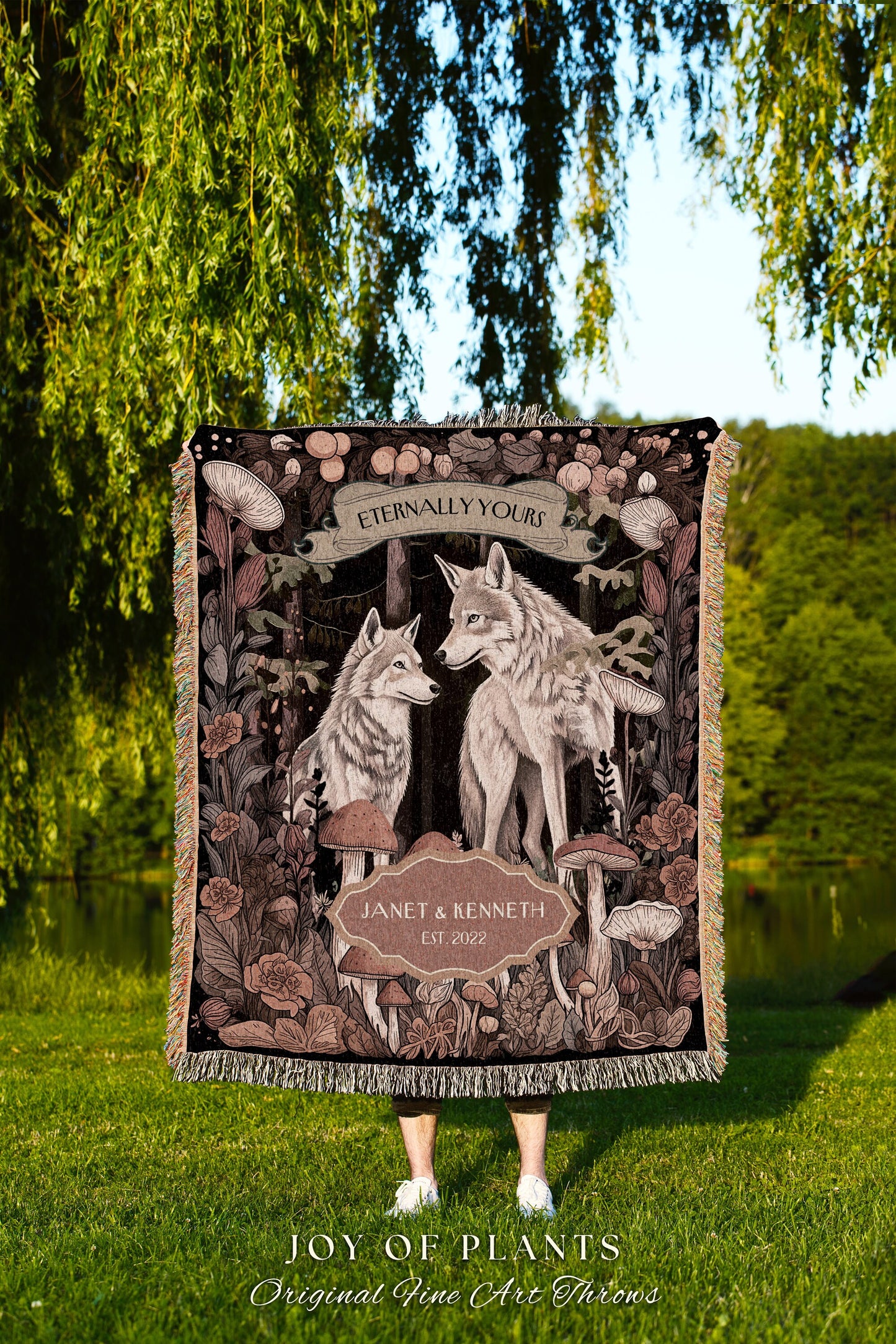 Folklore Mystic Wolf Couple Throw Blanket | Cottagecore Dating Anniversary Gift Mr and Mrs Tapestry Unique Cute Couple Gift for Boyfriend |