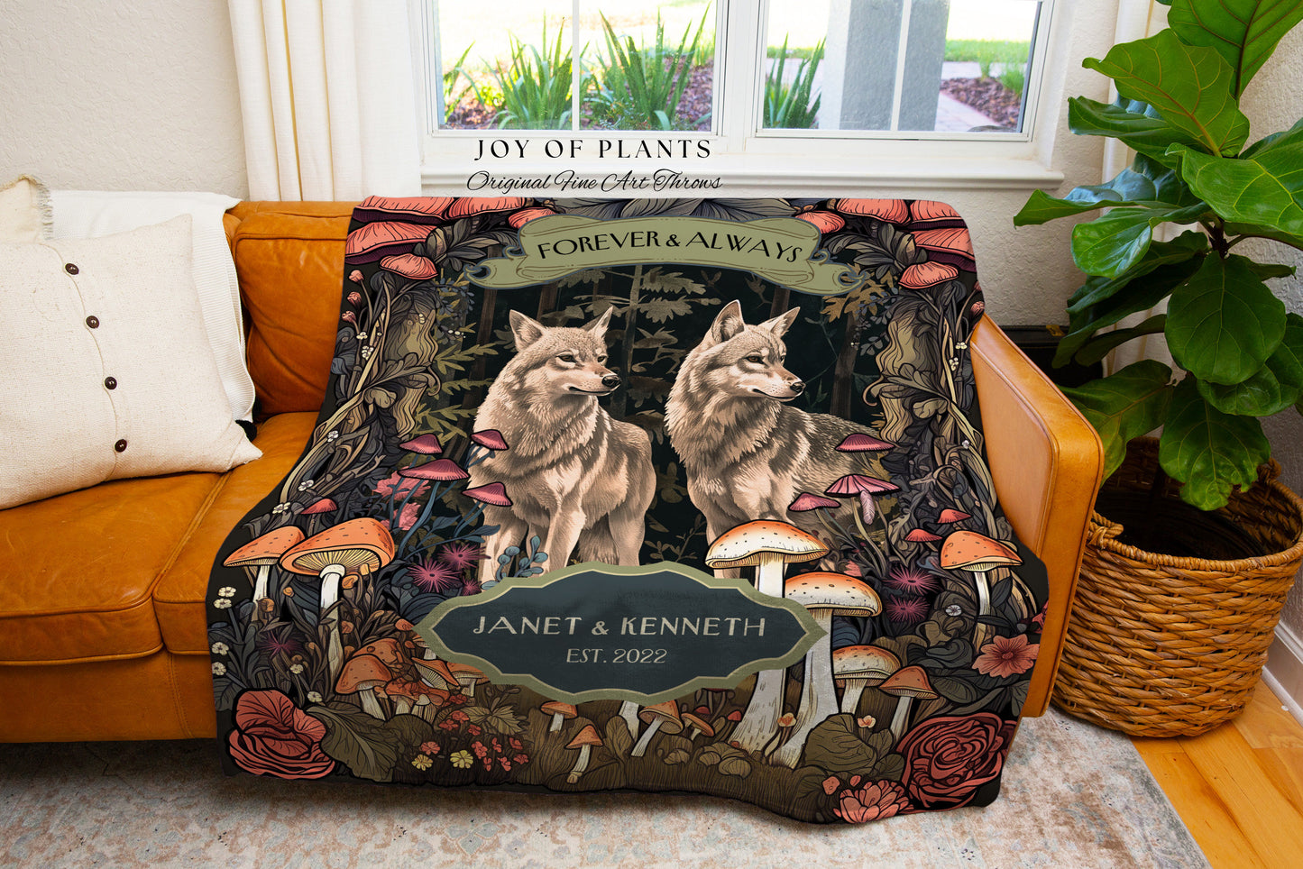 Mystic Woods Custom Wolf Couple Blanket | Woodland Wedding Anniversary Gift His & Hers Wolf Tapestry Unique Couple Gift for Boyfriend Cute |