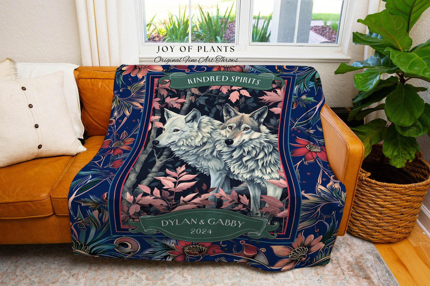 Navy Blue Floral Wolf Couple Personalized Blanket | Outdoorsy Couple Gift Custom Blanket Ethereal Woodland Wedding Unique Couple Tapestry |