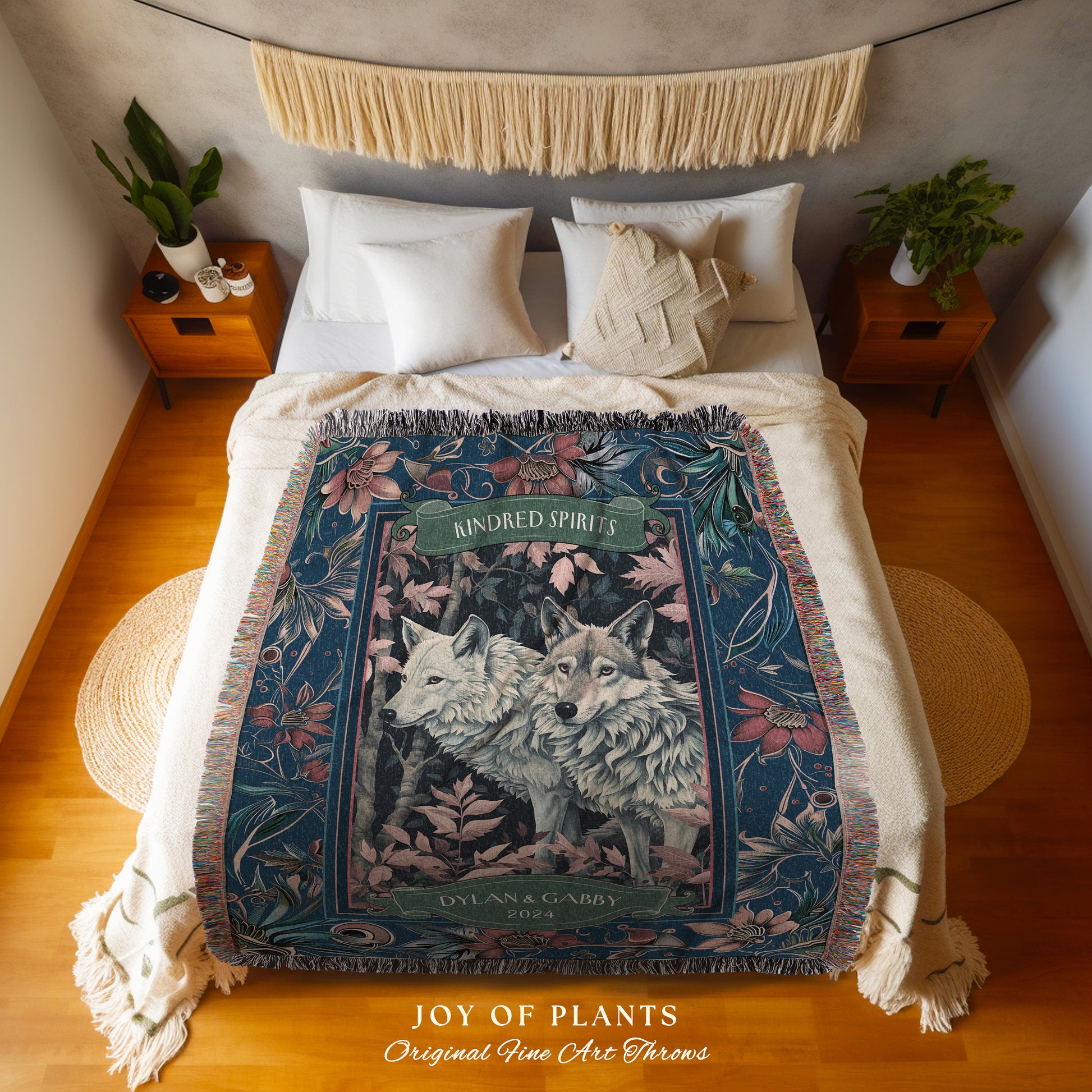 Navy Blue Floral Wolf Couple Personalized Blanket | Outdoorsy Couple Gift Custom Blanket Ethereal Woodland Wedding Unique Couple Tapestry |