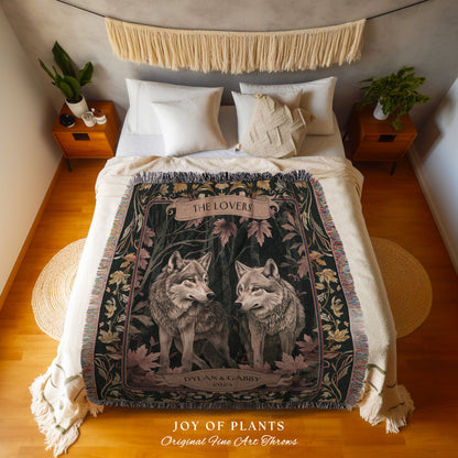 Couples Cotton Blanket Personalized 'The Lovers' | Dating Anniversary Gift His & Hers Wolf Tapestry Woodland Wedding Unique Couple Gift Idea